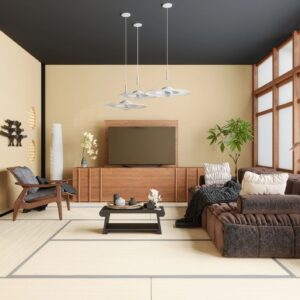 Japanese Style Living Room Interior With Sofa, Armchair, Television Set And Coffee Table