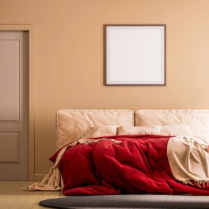 Poster frame mockup interior scene. A single square poster frame on the wall. wide shot interior room with furniture and single exterior door. 3d rendering.