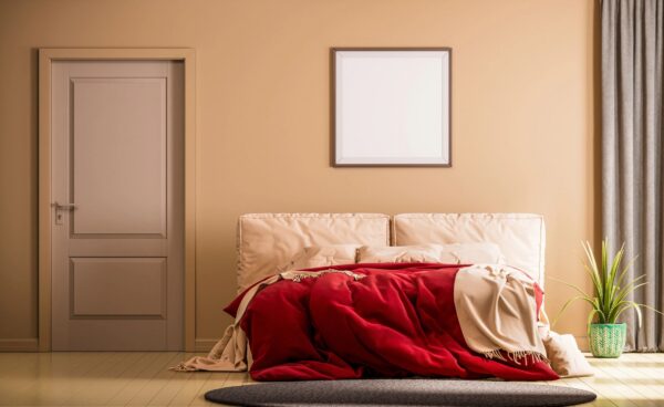 Poster frame mockup interior scene. A single square poster frame on the wall. wide shot interior room with furniture and single exterior door. 3d rendering.