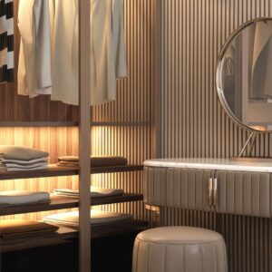 White marble top, beige vanity dressing table, steel frame round mirror, wardrobe, stool in sunlight on brown wood panel wall bedroom for luxury beauty, cosmetic, skincare product background 3D