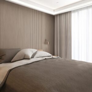 Minimal, modern and luxury bedroom with wooden bed, brown blanket in sunlight from sheer curtain on wood panel wall for interior design decoration, product background 3D