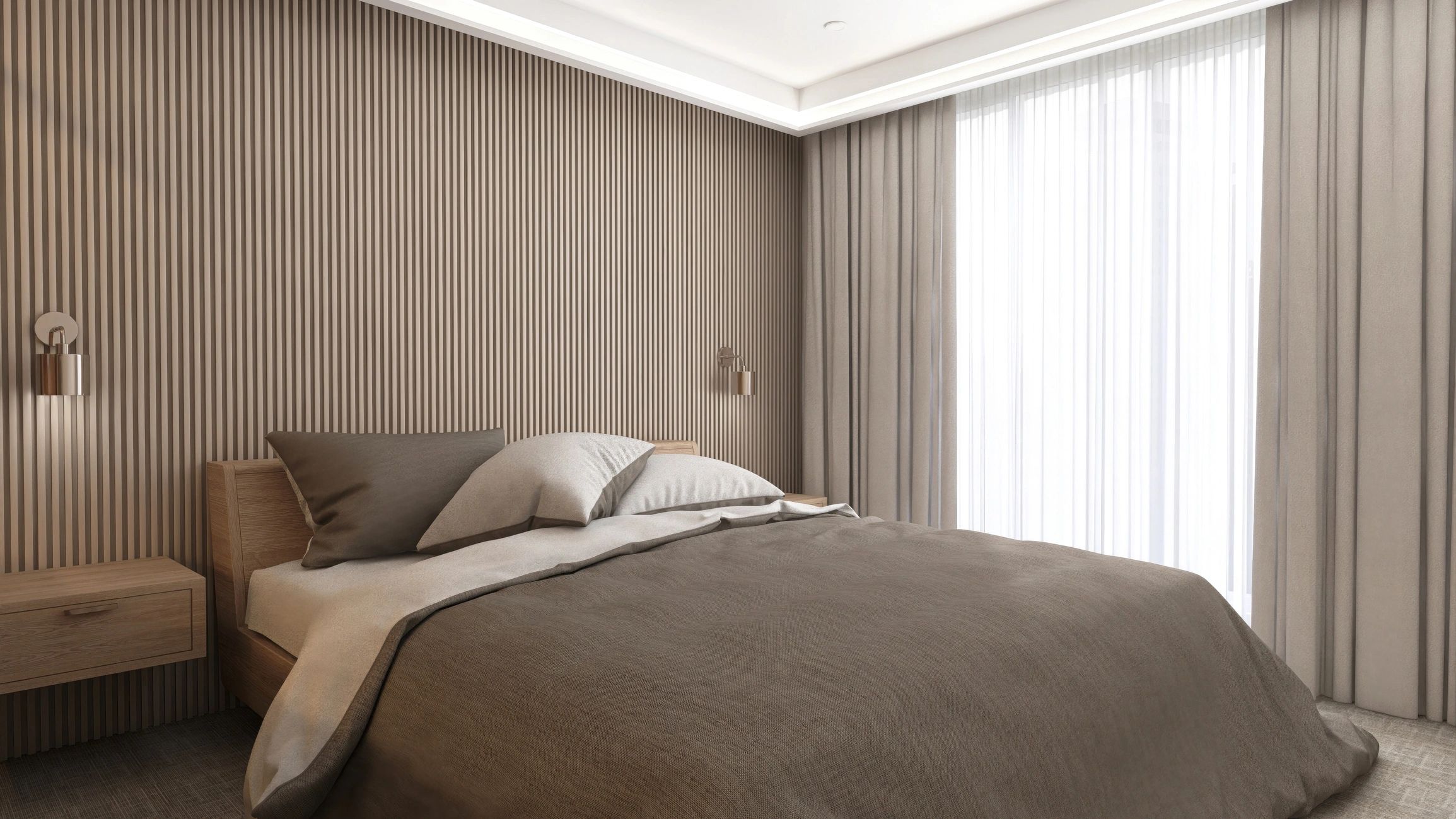 Luxury modern bedroom interior with wooden bed and soft natural light