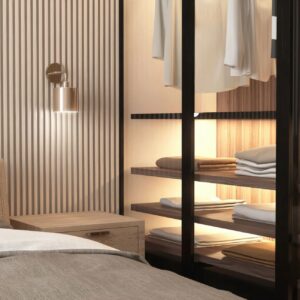 Minimal, modern and luxury bedroom with bed, brown blanket, wooden bedside table, wardrobe in sunlight on wood panel wall for interior design decoration, product background 3D