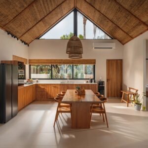 Modern wooden kitchen and dining area