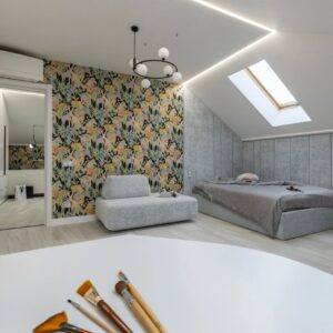 Modern Attic Studio Apartment with Minimalist Bedroom and Workspace